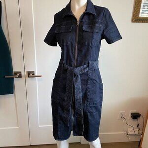 Le Chateau Casual SS Full Zip Belted Dark Wash Knee Length Denim Dress Blue Sz S